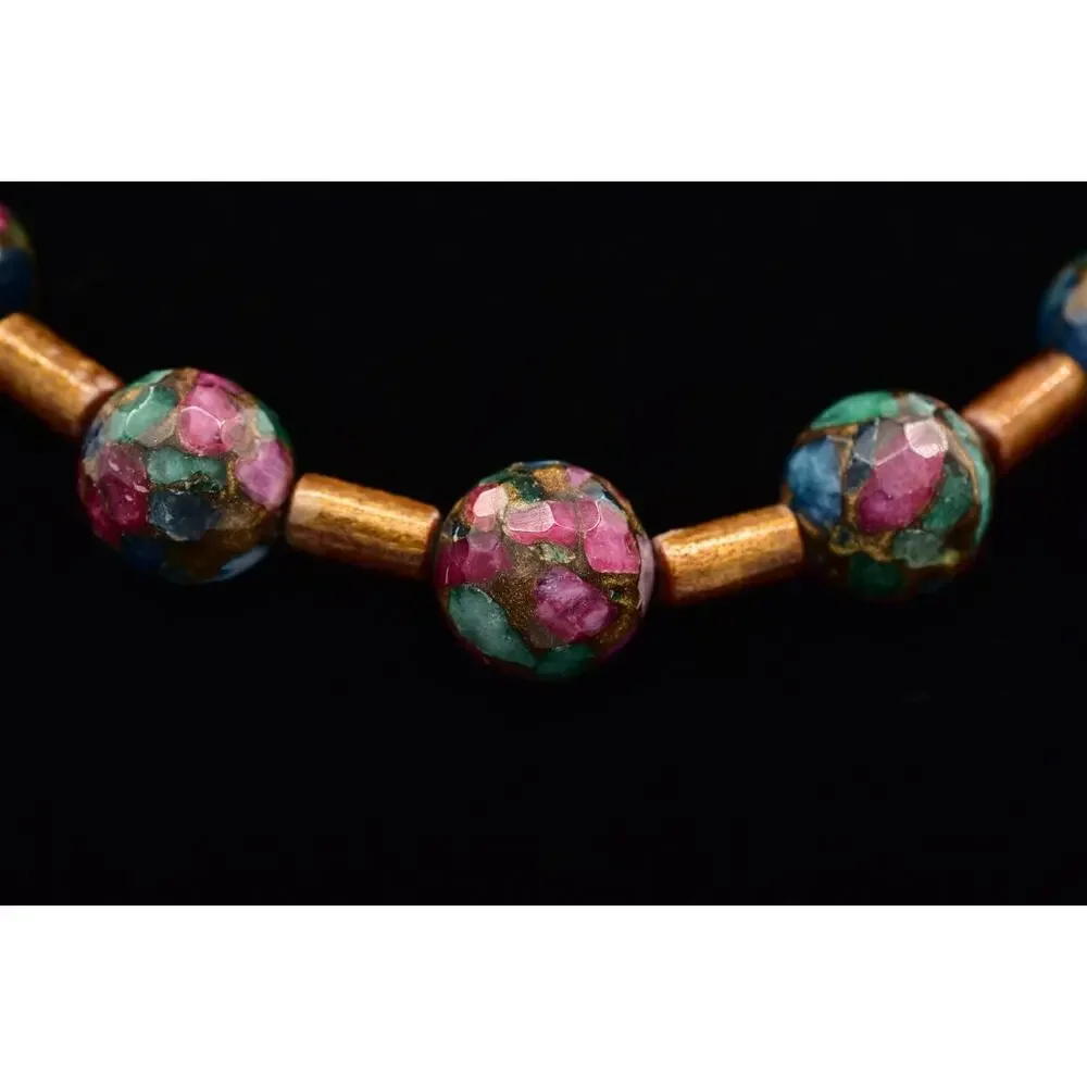 Vintage Mosaic Faceted Marble Beaded Necklace Multi-Color Chunky 1960s BinBD